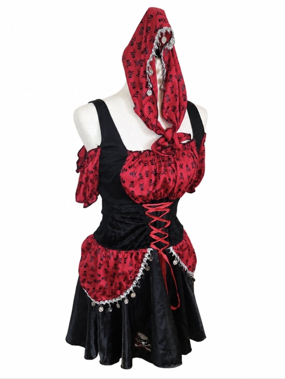 Sexy Halloween Pirate Gypsy Dress W Scarf  Costume Sz Small Coin Detail